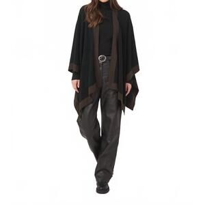 NEW REPEAT CASHMERE cashmere blend poncho with contrast border in black/brown